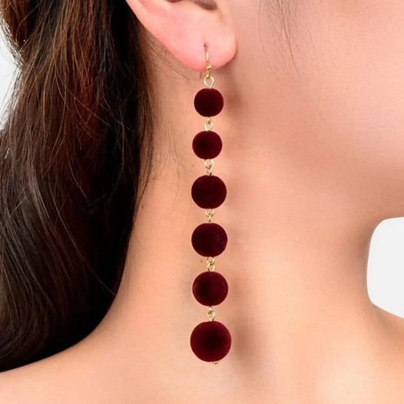 2/$30🌵 Burgundy Velvet Tiered Ball Earrings Drop Dangle Long Sphere Gift NEW - Picture 6 of 10